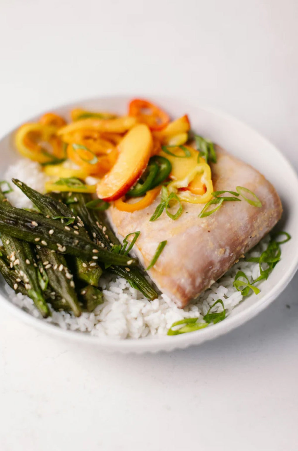 Mahi Rice Bowls With Sesame Okra And Peach Pepper Slaw